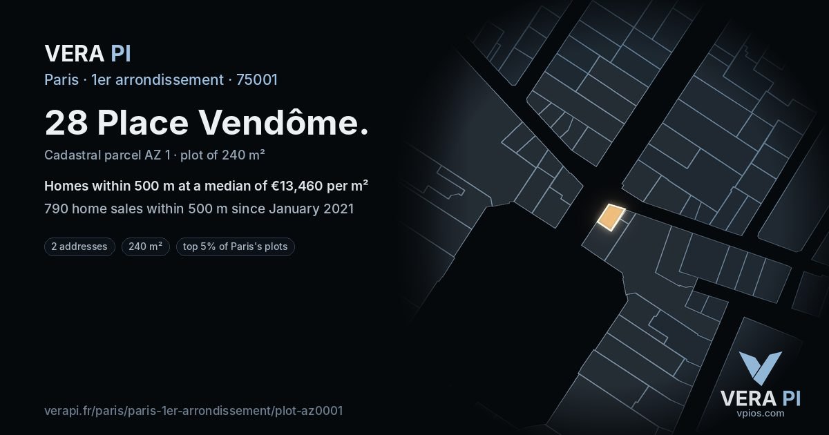 28 Place Vendôme, 1er arrondissement at night – the plot lit, the parcels around coloured by the prices near them
