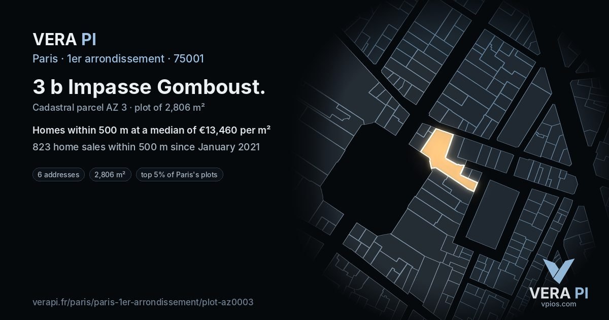3 b Impasse Gomboust, 1er arrondissement at night – the plot lit, the parcels around coloured by the prices near them