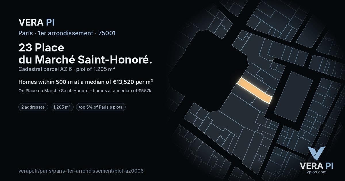 23 Place du Marché Saint-Honoré, 1er arrondissement at night – the plot lit, the parcels around coloured by the prices near them