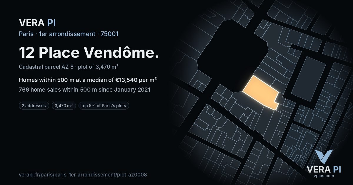12 Place Vendôme, 1er arrondissement at night – the plot lit, the parcels around coloured by the prices near them