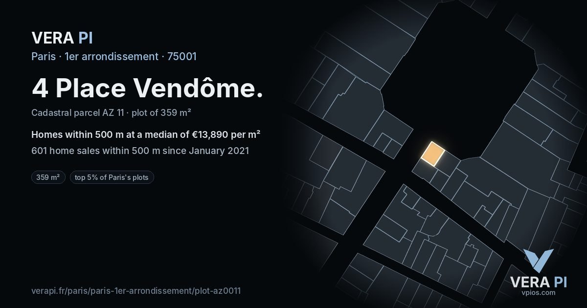 4 Place Vendôme, 1er arrondissement at night – the plot lit, the parcels around coloured by the prices near them