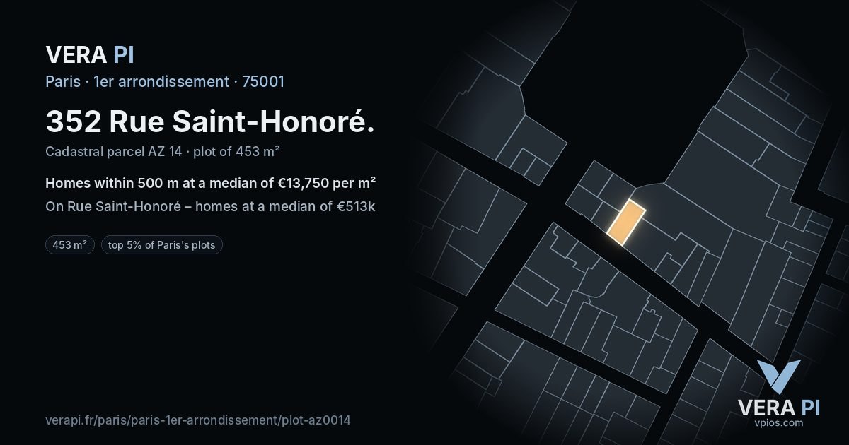 352 Rue Saint-Honoré, 1er arrondissement at night – the plot lit, the parcels around coloured by the prices near them