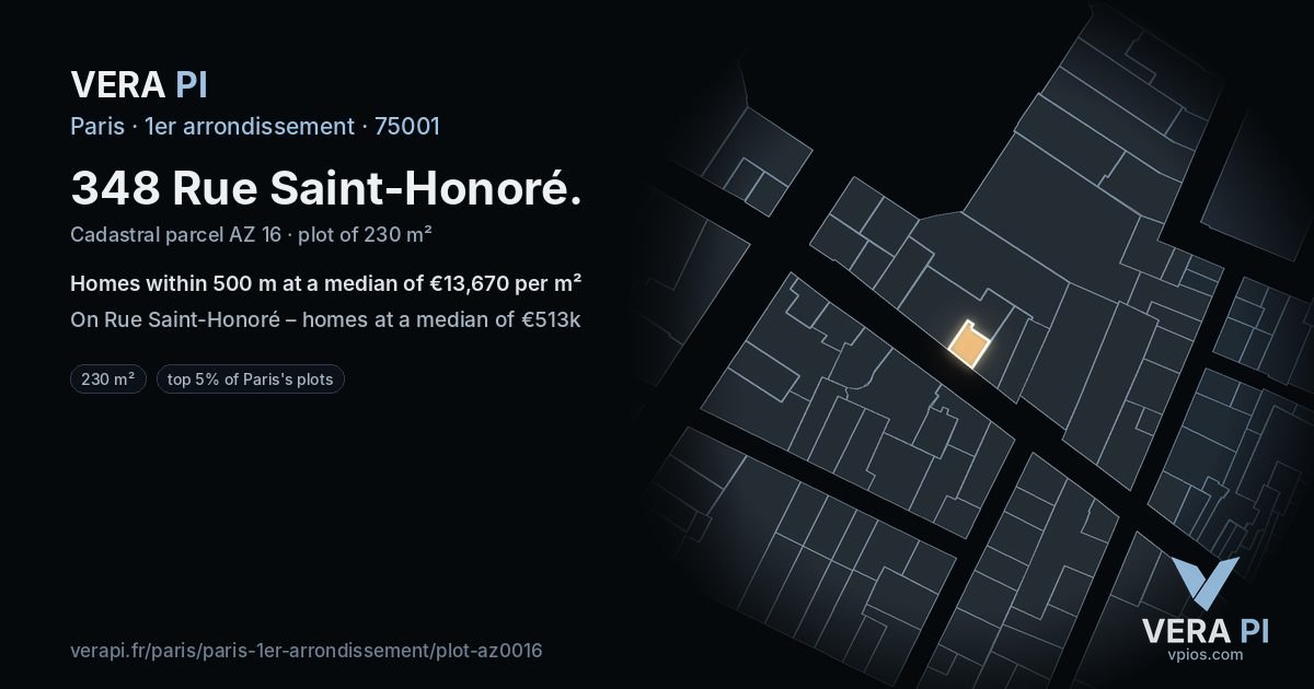 348 Rue Saint-Honoré, 1er arrondissement at night – the plot lit, the parcels around coloured by the prices near them