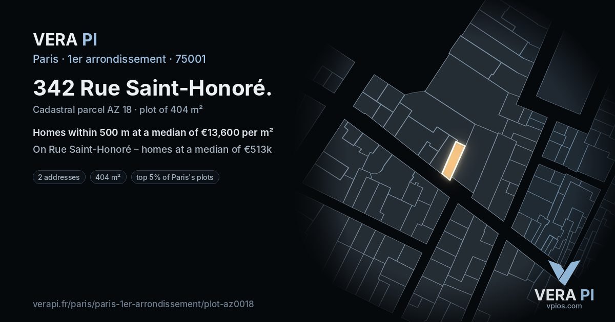 342 Rue Saint-Honoré, 1er arrondissement at night – the plot lit, the parcels around coloured by the prices near them