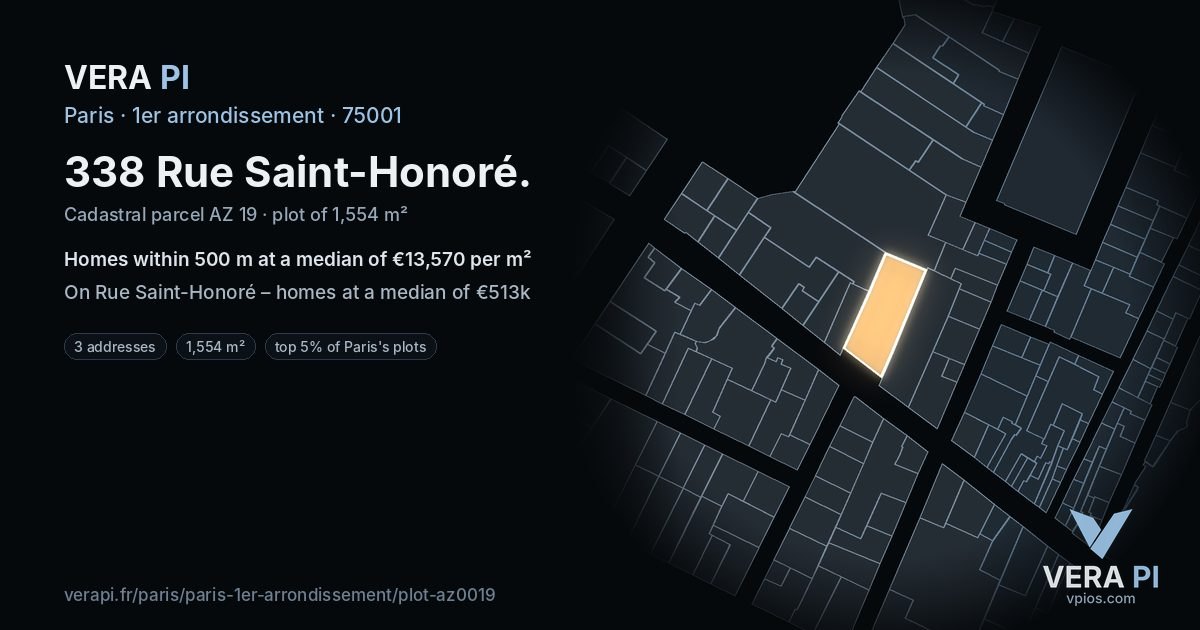 338 Rue Saint-Honoré, 1er arrondissement at night – the plot lit, the parcels around coloured by the prices near them