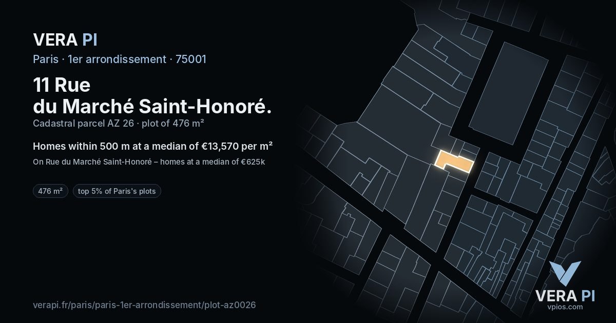11 Rue du Marché Saint-Honoré, 1er arrondissement at night – the plot lit, the parcels around coloured by the prices near them