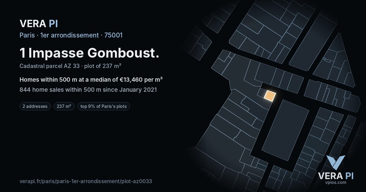 1 Impasse Gomboust, 1er arrondissement at night – the plot lit, the parcels around coloured by the prices near them