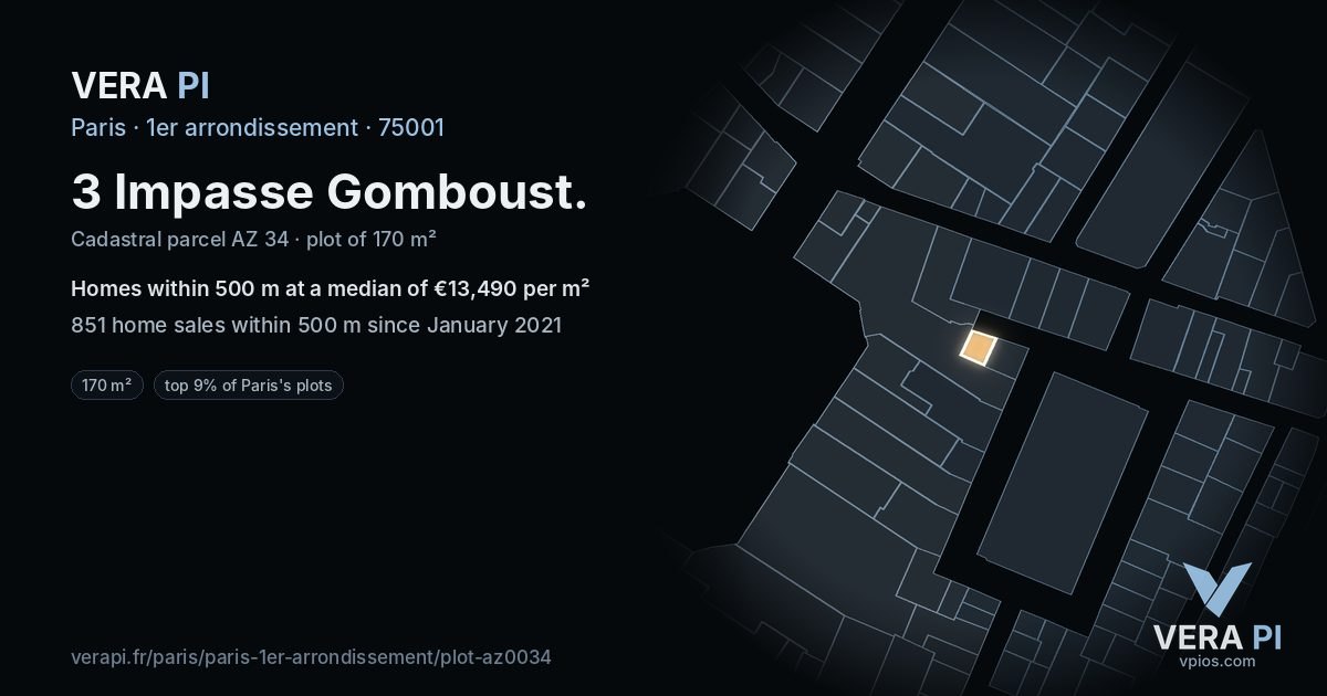 3 Impasse Gomboust, 1er arrondissement at night – the plot lit, the parcels around coloured by the prices near them