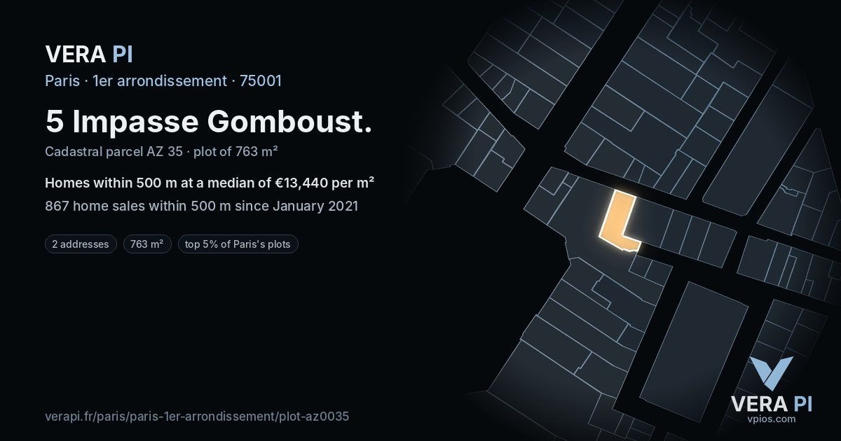 5 Impasse Gomboust, 1er arrondissement at night – the plot lit, the parcels around coloured by the prices near them