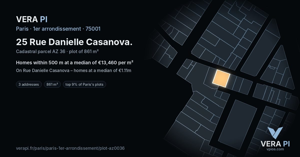 25 Rue Danielle Casanova, 1er arrondissement at night – the plot lit, the parcels around coloured by the prices near them