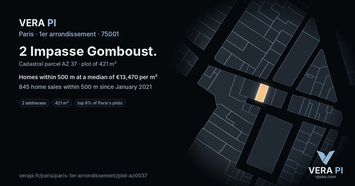 2 Impasse Gomboust, 1er arrondissement at night – the plot lit, the parcels around coloured by the prices near them