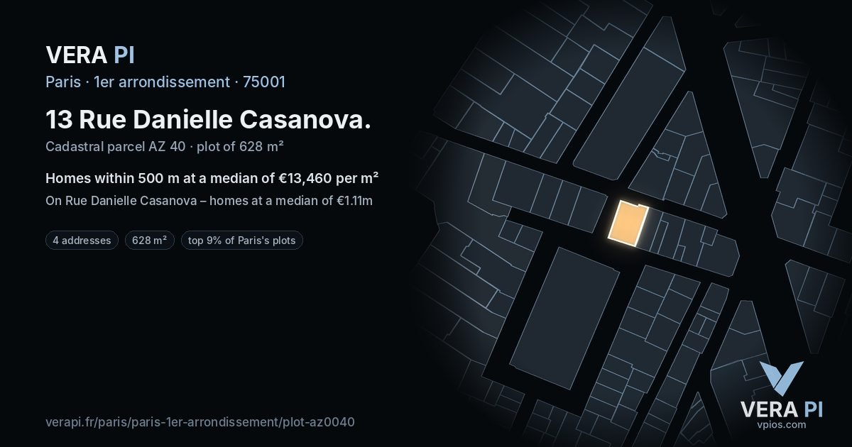 13 Rue Danielle Casanova, 1er arrondissement at night – the plot lit, the parcels around coloured by the prices near them