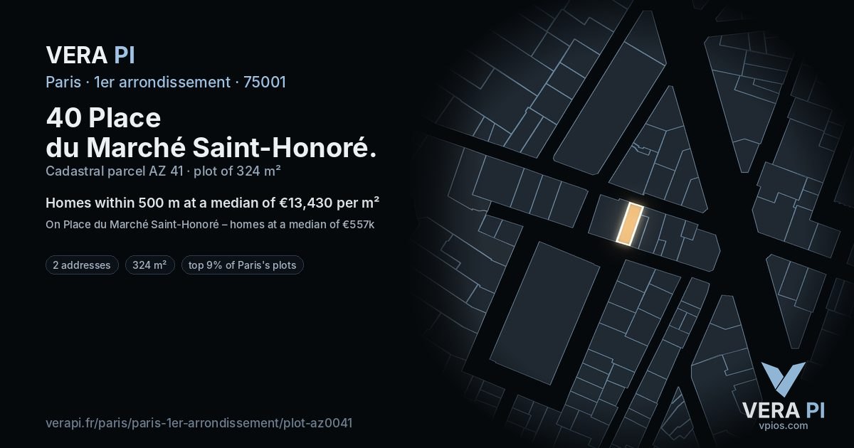 40 Place du Marché Saint-Honoré, 1er arrondissement at night – the plot lit, the parcels around coloured by the prices near them