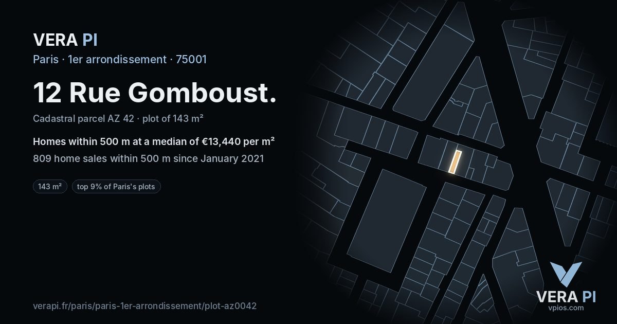 12 Rue Gomboust, 1er arrondissement at night – the plot lit, the parcels around coloured by the prices near them