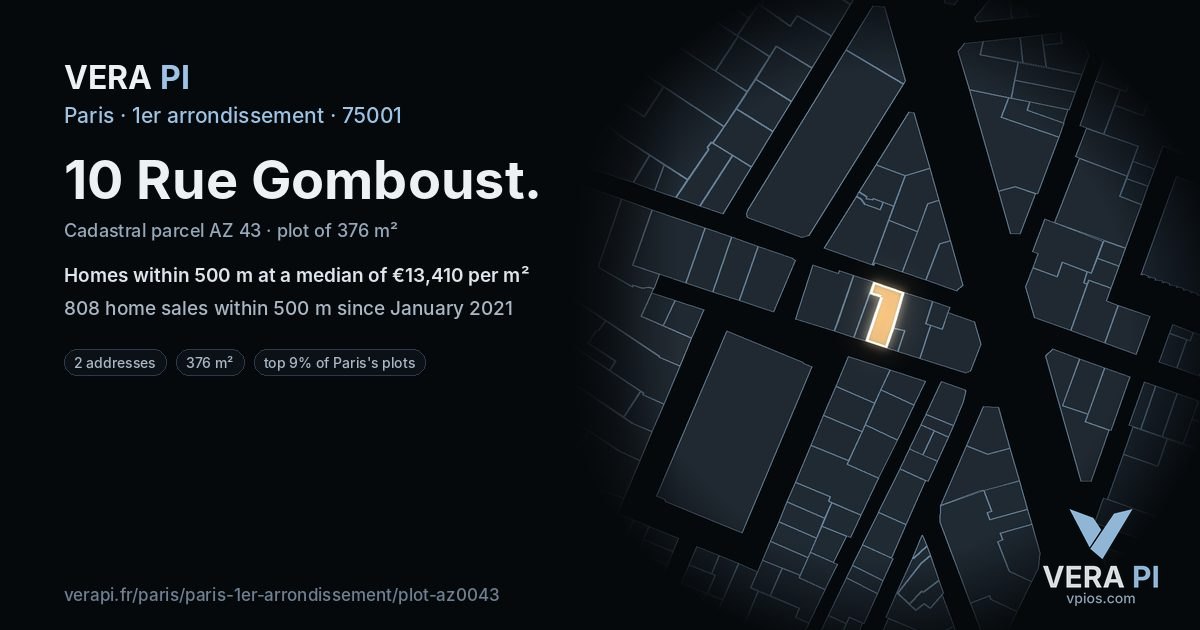 10 Rue Gomboust, 1er arrondissement at night – the plot lit, the parcels around coloured by the prices near them