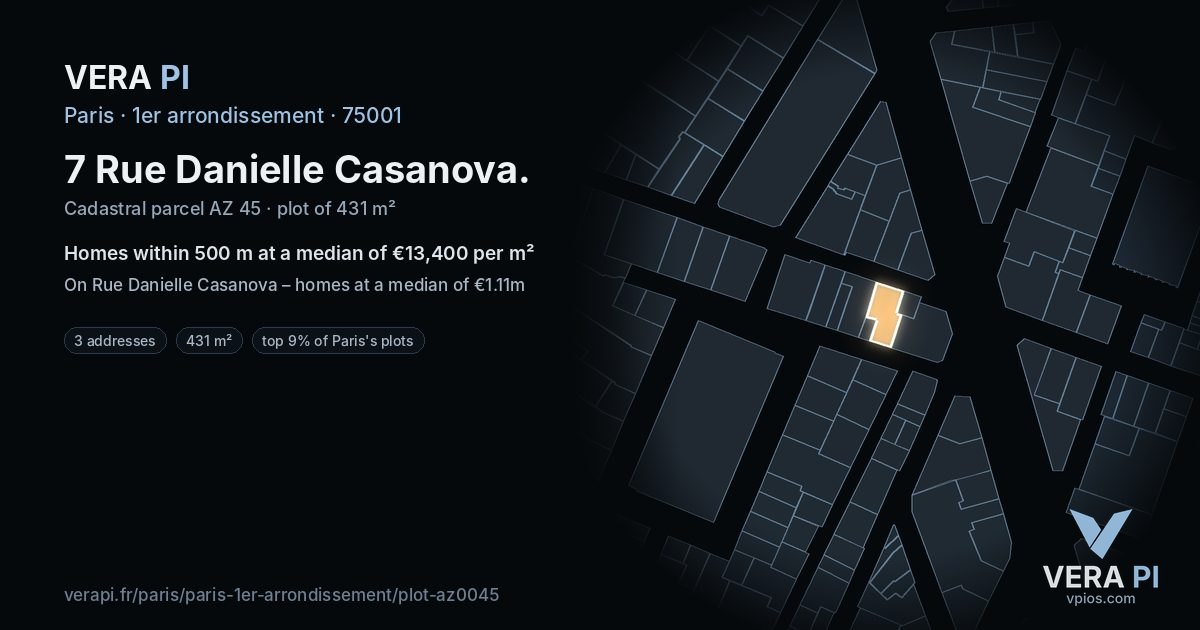 7 Rue Danielle Casanova, 1er arrondissement at night – the plot lit, the parcels around coloured by the prices near them