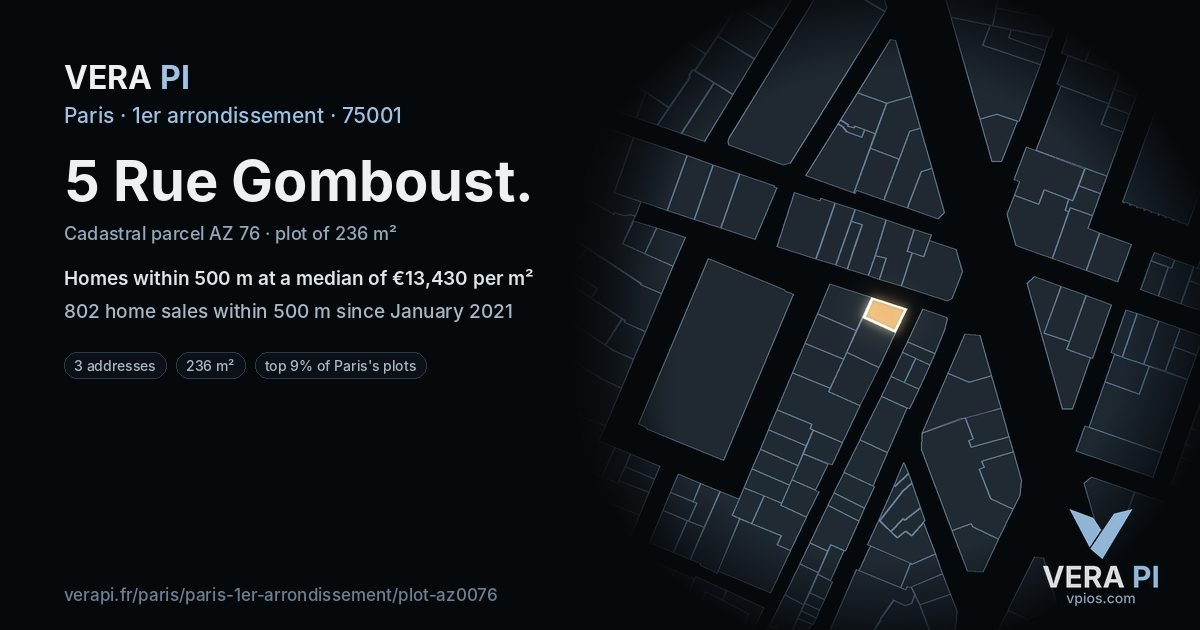 5 Rue Gomboust, 1er arrondissement at night – the plot lit, the parcels around coloured by the prices near them