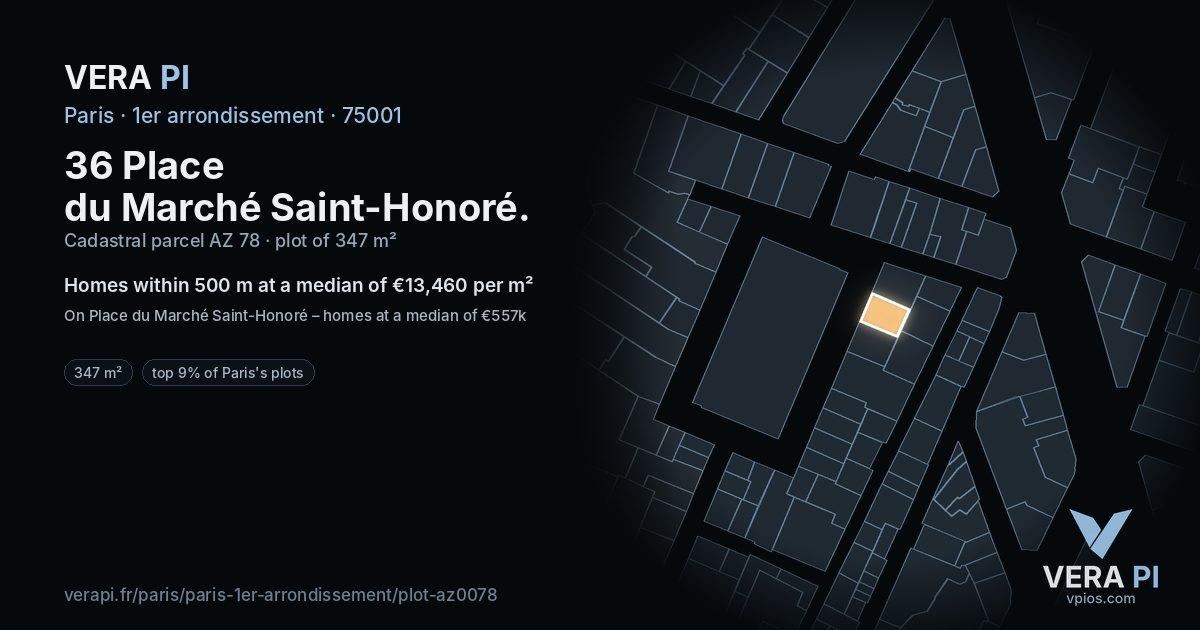 36 Place du Marché Saint-Honoré, 1er arrondissement at night – the plot lit, the parcels around coloured by the prices near them