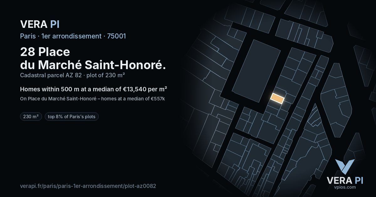 28 Place du Marché Saint-Honoré, 1er arrondissement at night – the plot lit, the parcels around coloured by the prices near them