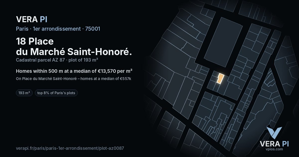 18 Place du Marché Saint-Honoré, 1er arrondissement at night – the plot lit, the parcels around coloured by the prices near them