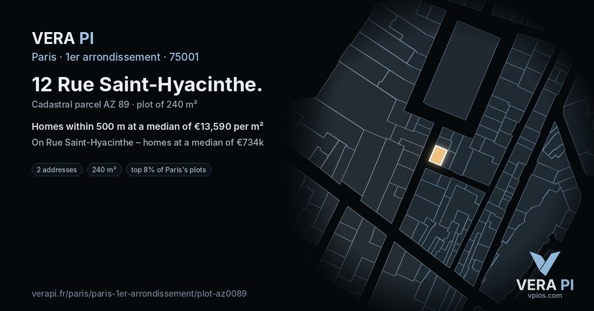 12 Rue Saint-Hyacinthe, 1er arrondissement at night – the plot lit, the parcels around coloured by the prices near them