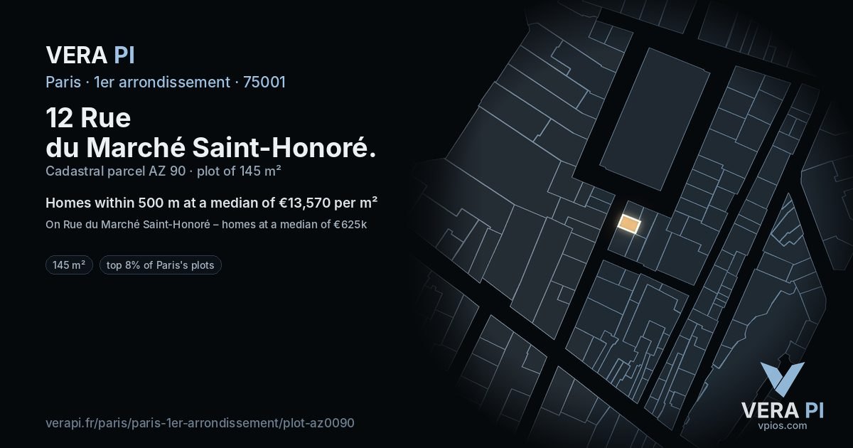 12 Rue du Marché Saint-Honoré, 1er arrondissement at night – the plot lit, the parcels around coloured by the prices near them