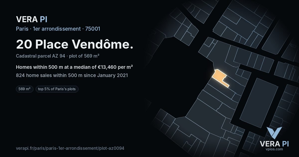 20 Place Vendôme, 1er arrondissement at night – the plot lit, the parcels around coloured by the prices near them