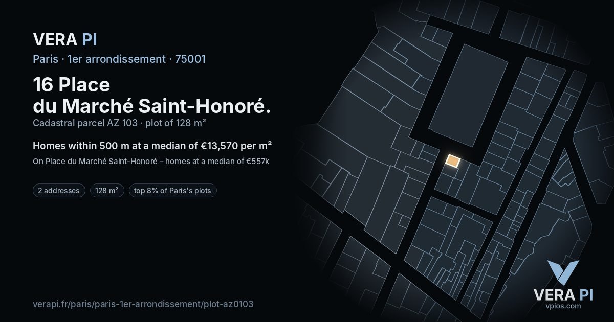 16 Place du Marché Saint-Honoré, 1er arrondissement at night – the plot lit, the parcels around coloured by the prices near them