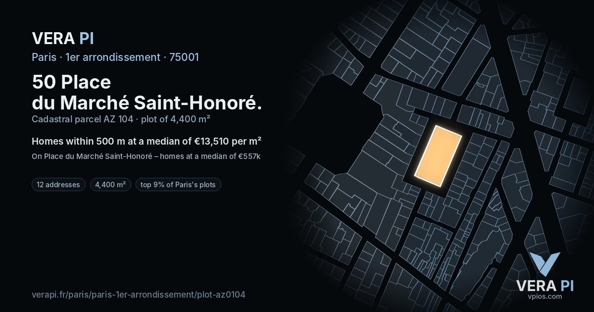 50 Place du Marché Saint-Honoré, 1er arrondissement at night – the plot lit, the parcels around coloured by the prices near them