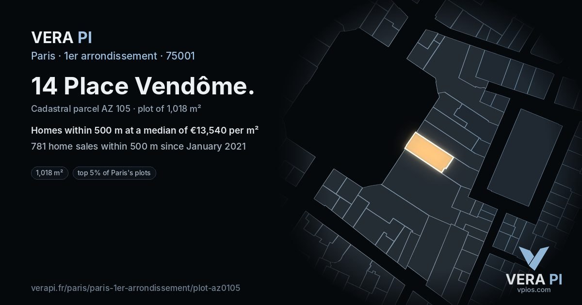 14 Place Vendôme, 1er arrondissement at night – the plot lit, the parcels around coloured by the prices near them