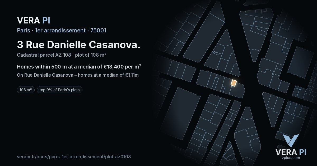 3 Rue Danielle Casanova, 1er arrondissement at night – the plot lit, the parcels around coloured by the prices near them