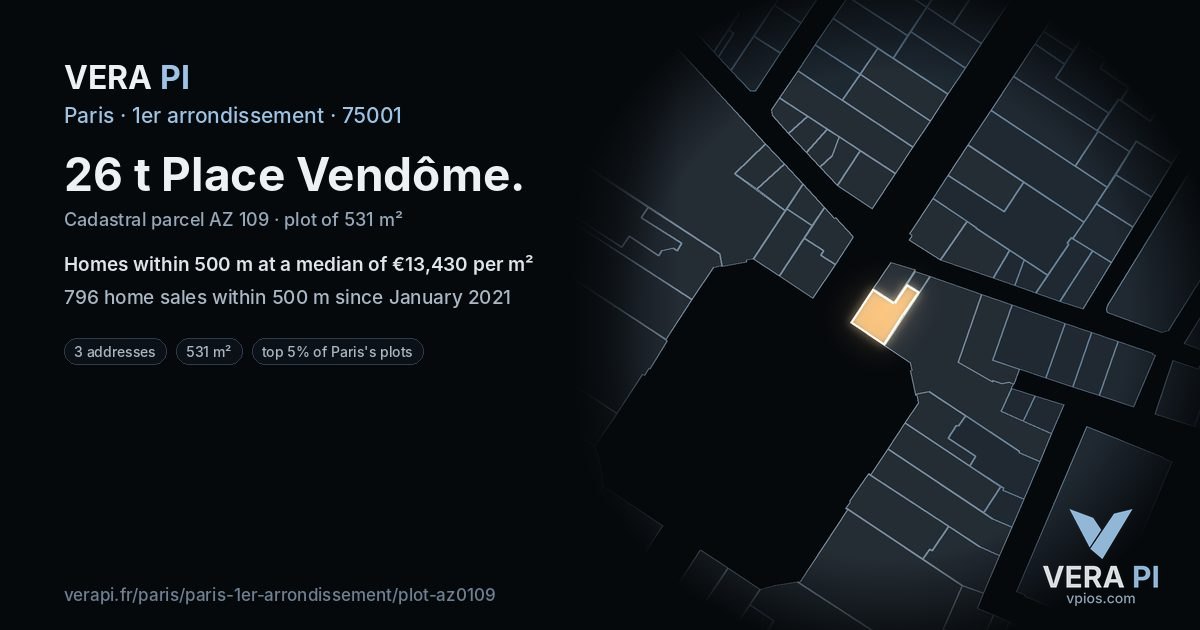 26 t Place Vendôme, 1er arrondissement at night – the plot lit, the parcels around coloured by the prices near them
