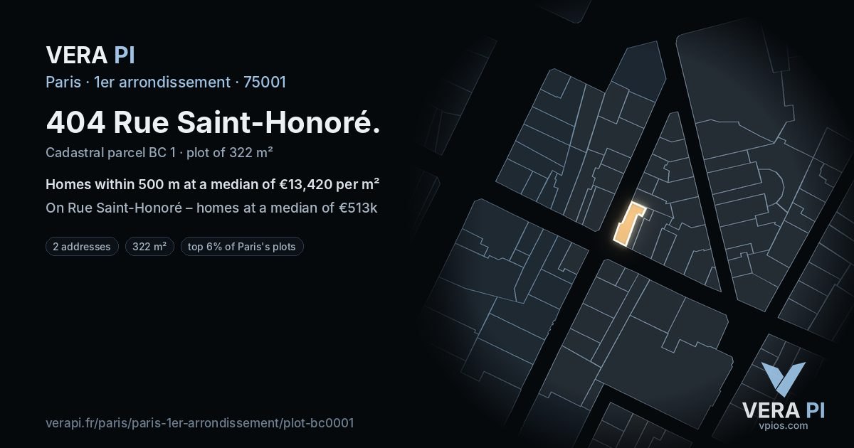 404 Rue Saint-Honoré, 1er arrondissement at night – the plot lit, the parcels around coloured by the prices near them