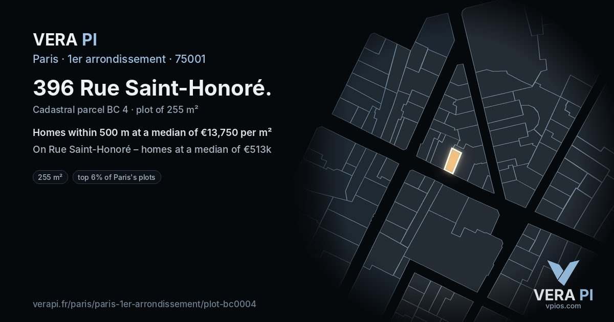 396 Rue Saint-Honoré, 1er arrondissement at night – the plot lit, the parcels around coloured by the prices near them