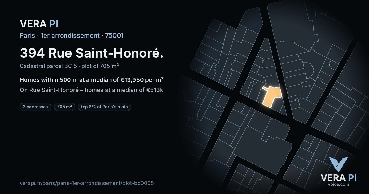 394 Rue Saint-Honoré, 1er arrondissement at night – the plot lit, the parcels around coloured by the prices near them