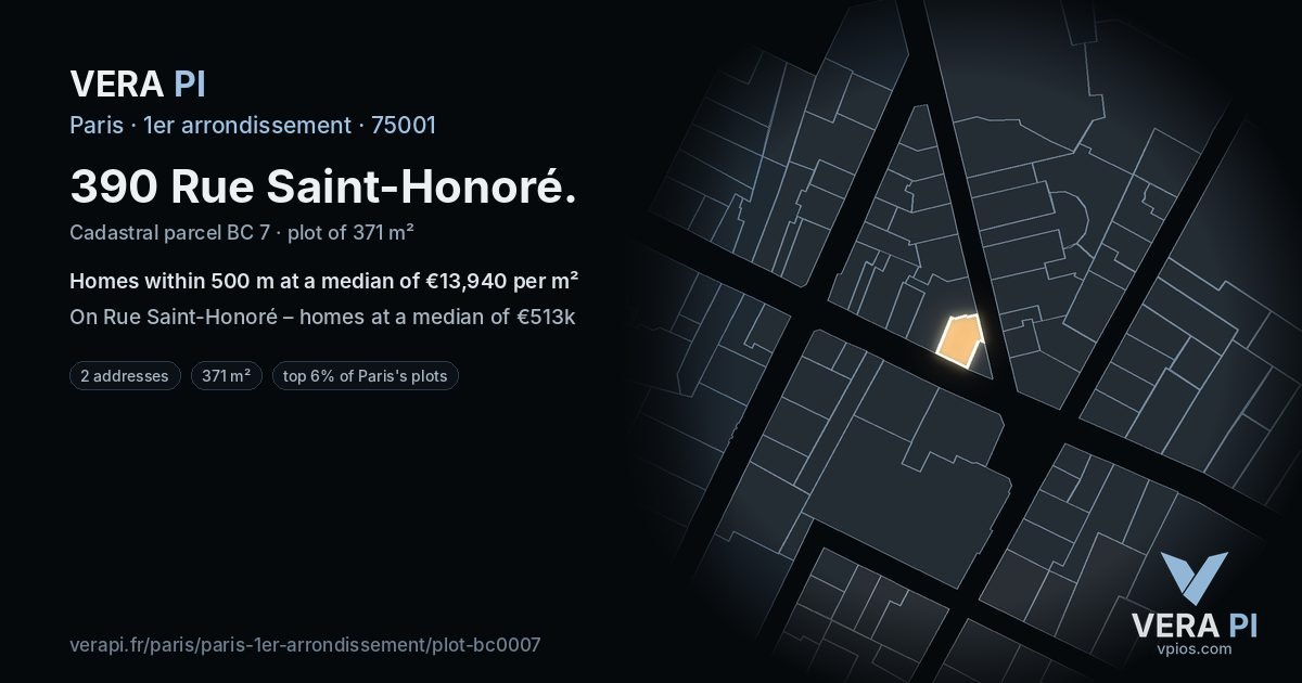 390 Rue Saint-Honoré, 1er arrondissement at night – the plot lit, the parcels around coloured by the prices near them