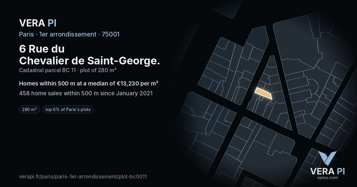 6 Rue du Chevalier de Saint-George, 1er arrondissement at night – the plot lit, the parcels around coloured by the prices near them