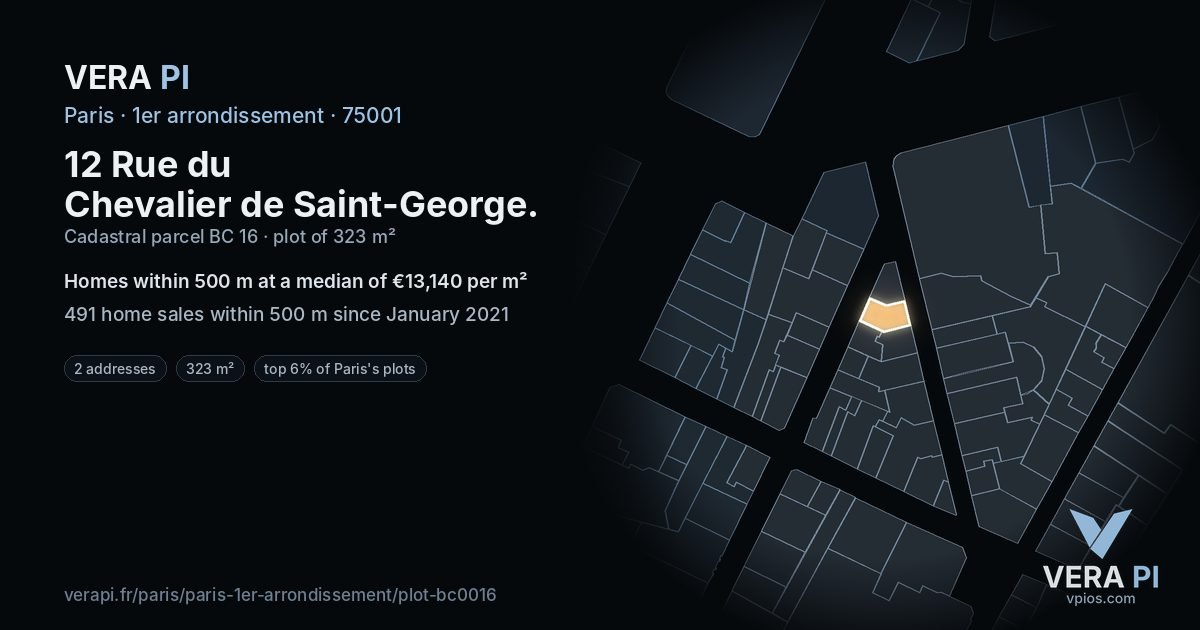 12 Rue du Chevalier de Saint-George, 1er arrondissement at night – the plot lit, the parcels around coloured by the prices near them