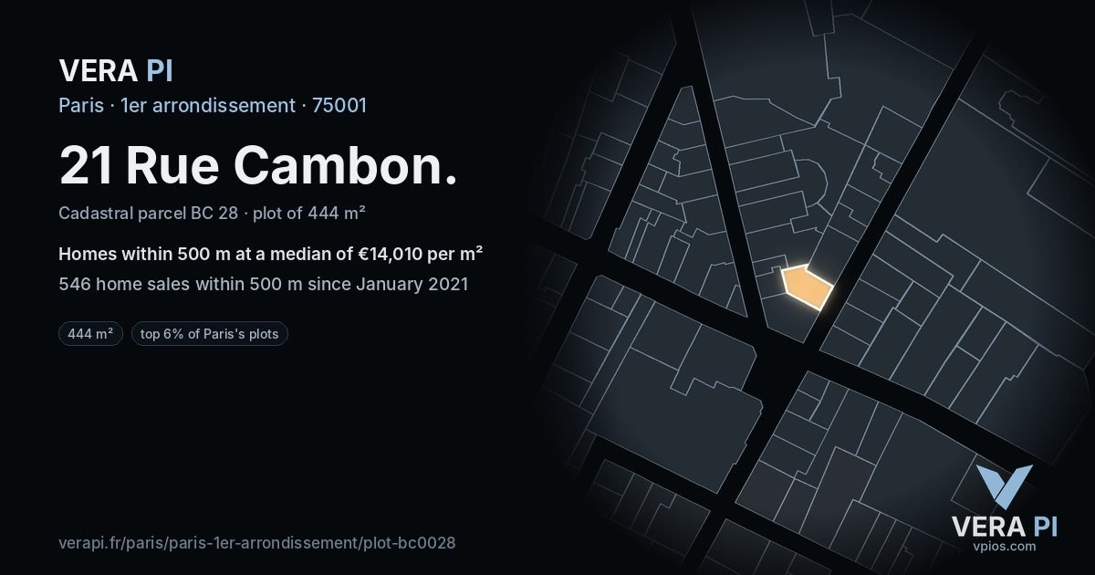 21 Rue Cambon, 1er arrondissement at night – the plot lit, the parcels around coloured by the prices near them