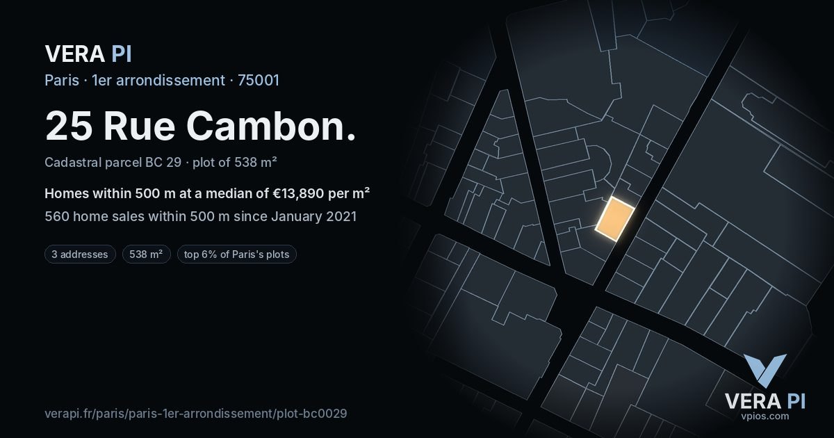 25 Rue Cambon, 1er arrondissement at night – the plot lit, the parcels around coloured by the prices near them