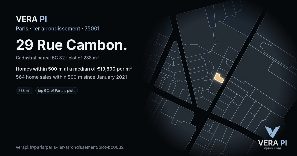 29 Rue Cambon, 1er arrondissement at night – the plot lit, the parcels around coloured by the prices near them