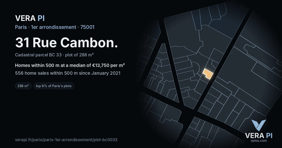 31 Rue Cambon, 1er arrondissement at night – the plot lit, the parcels around coloured by the prices near them