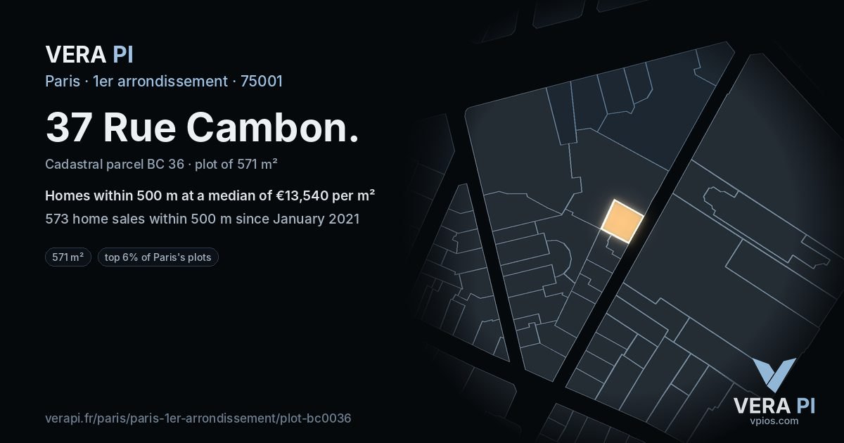 37 Rue Cambon, 1er arrondissement at night – the plot lit, the parcels around coloured by the prices near them