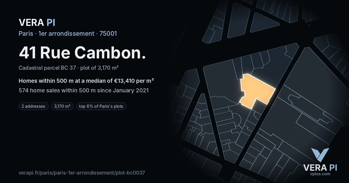 41 Rue Cambon, 1er arrondissement at night – the plot lit, the parcels around coloured by the prices near them