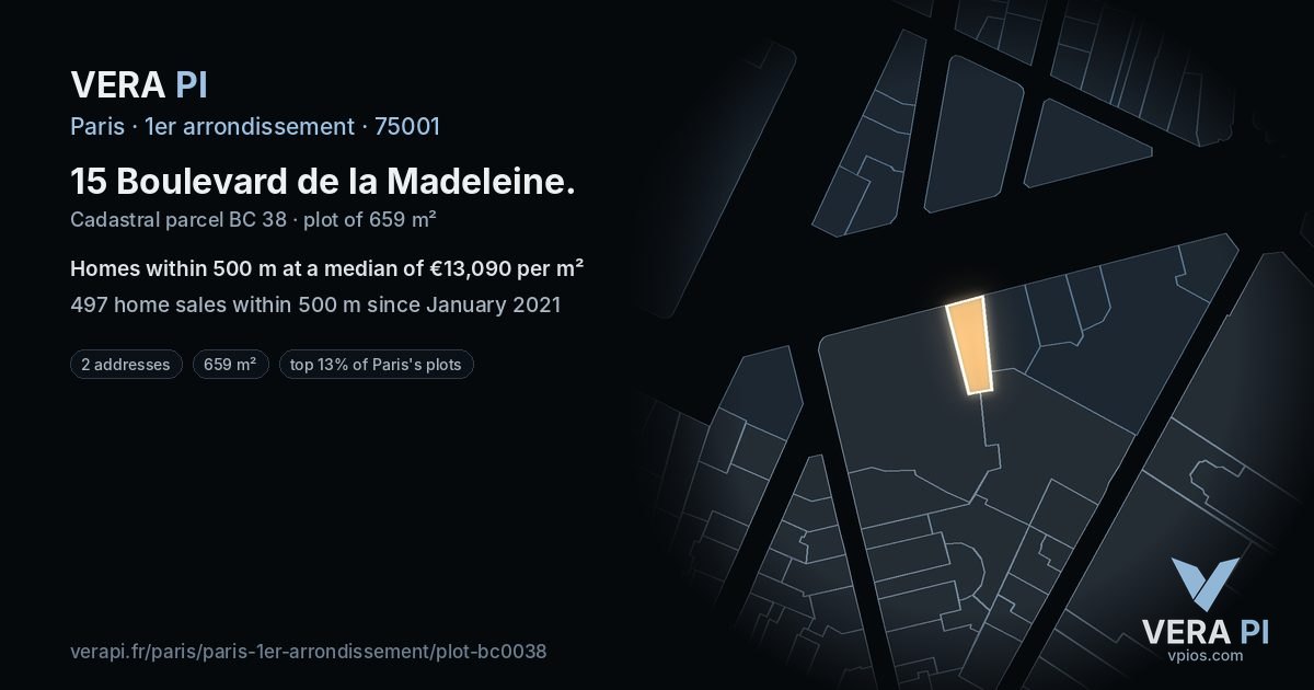 15 Boulevard de la Madeleine, 1er arrondissement at night – the plot lit, the parcels around coloured by the prices near them