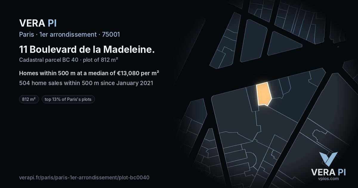 11 Boulevard de la Madeleine, 1er arrondissement at night – the plot lit, the parcels around coloured by the prices near them