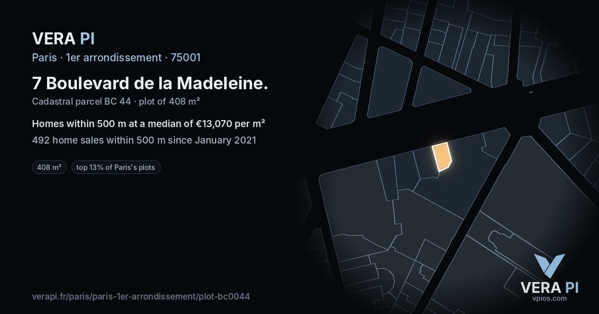 7 Boulevard de la Madeleine, 1er arrondissement at night – the plot lit, the parcels around coloured by the prices near them