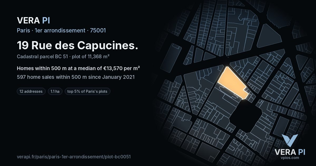 19 Rue des Capucines, 1er arrondissement at night – the plot lit, the parcels around coloured by the prices near them
