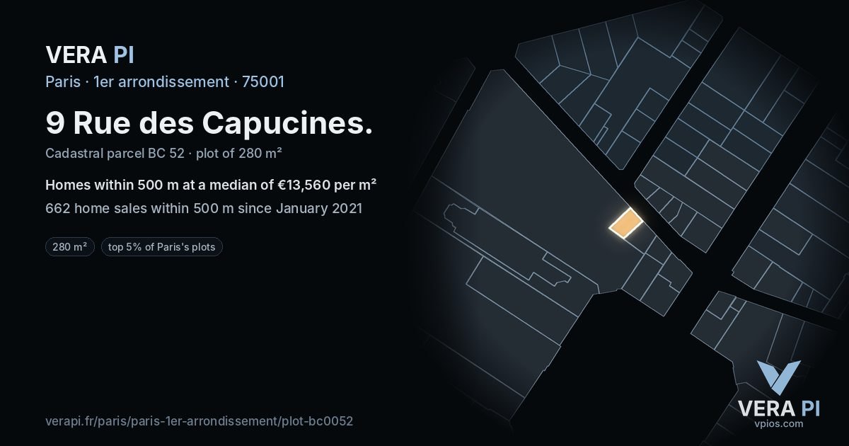 9 Rue des Capucines, 1er arrondissement at night – the plot lit, the parcels around coloured by the prices near them