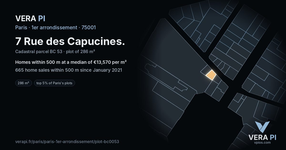 7 Rue des Capucines, 1er arrondissement at night – the plot lit, the parcels around coloured by the prices near them